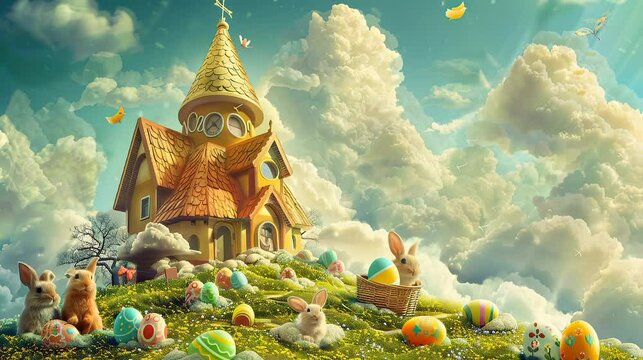 orange chruch in the mountain celebrate easter with a lot of easter bunny rabit and decorated easter eggs with moving lofy loop cloudy sky in the background