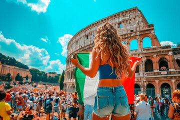 Witness the Celebration of an Attractive Italian Girl, Wrapped in the Italian Flag, with the Colosseum Providing a Historic Background, Exuding Patriotism and Football Excitement	