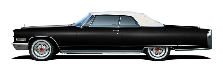 Classic American luxury car in black color. With a convertible body and white soft top.