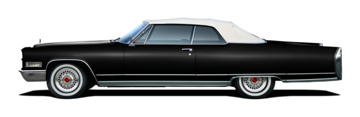 Classic American luxury car in black color. With a convertible body and white soft top.