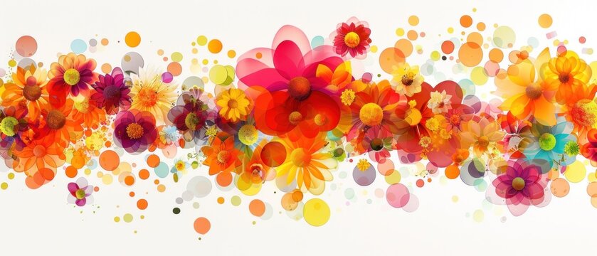 a white background with a bunch of colorful flowers on the left side of the image and a lot of dots on the right side of the image.