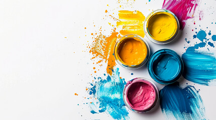 Colorful Acrylic Paint Pots on Artistic Palette, Creative Explosion, created with Generative AI technology