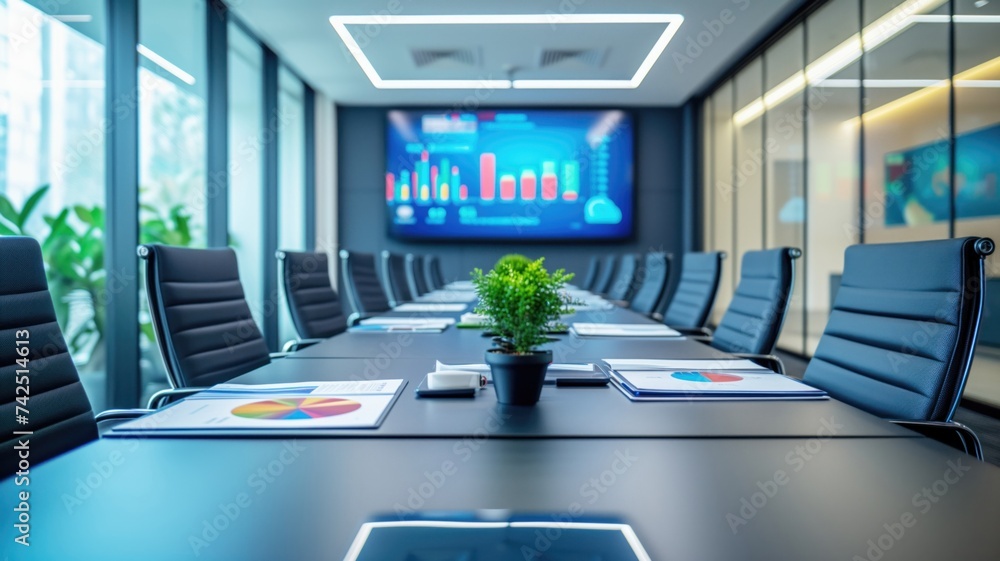 Poster modern conference room with a long table surrounded by black office chairs and a large screen with g