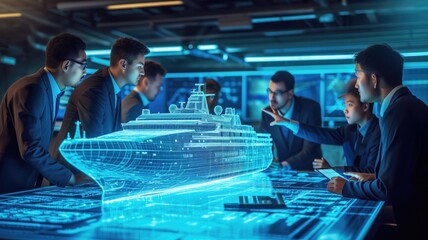 several engineers or designers focusing on a holographic projection of a cruise ship