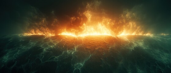 a very large body of water with a lot of fire coming out of the middle of the water on top of it.