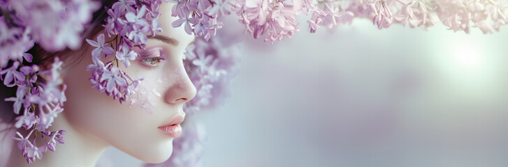 Profile portrait of a beautiful woman with spring flowers all around her. The arrival of spring and Mother's Day creative concept banner. Purple tones colors. Fresh aroma and harmony. - obrazy, fototapety, plakaty