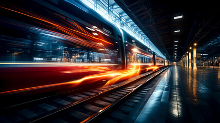 Fototapeta na wymiar Speeding Train in Motion at Historic Station, Urban Rush, created with Generative AI technology