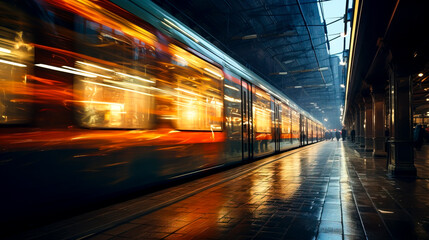 Fototapeta na wymiar Speeding Train in Motion at Historic Station, Urban Rush, created with Generative AI technology