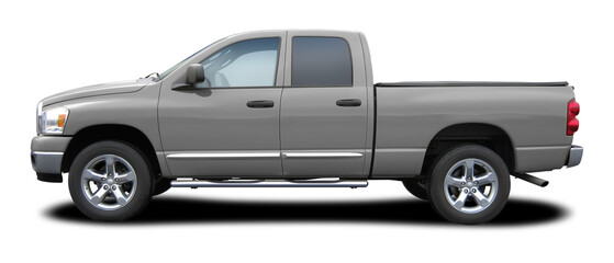 Modern powerful American gray pickup truck, side view in png format.