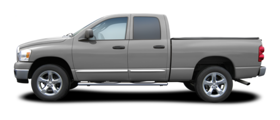 Modern powerful American gray pickup truck, side view in png format.