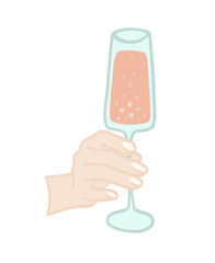 Flat design hand holding a glass with wine sparkling