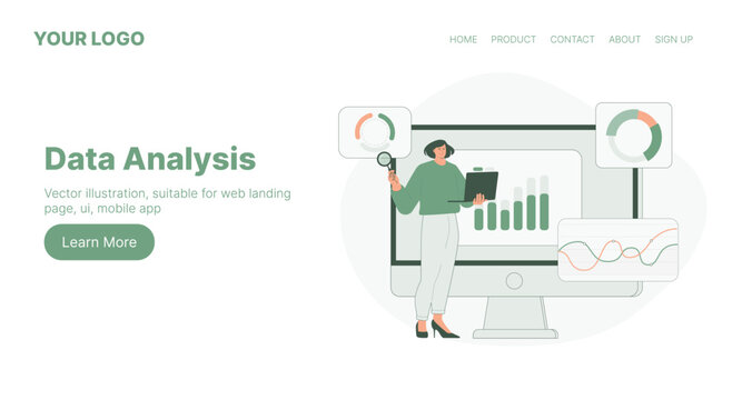 Data Analysis. Web Landing Page Design. Flat Cartoon Vector Illustration. Vector illustration, suitable for web landing page, ui, mobile app.