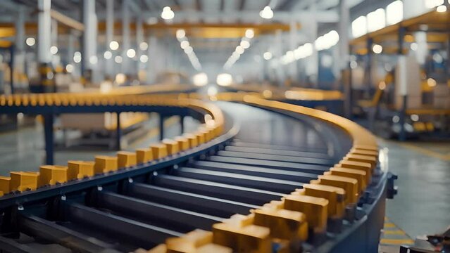 A series of conveyor belts moving products across the factory floor indicating the increased production and economic growth resulting from reshoring.