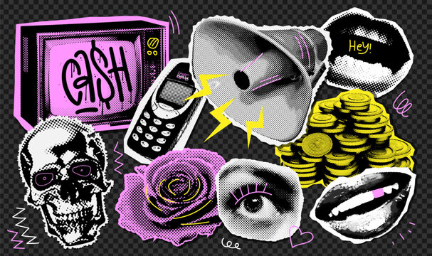 Trendy punk y2k collage paper sticker set with retro halftone collage elements and naive doodle elements. Retro cell phone, TV, lips, mouth, eyes, money, skull and megaphone. Y2k vector illustration.