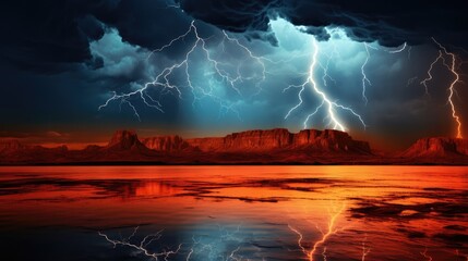 Electric Skies: A Fierce Thunderstorm Over Barren Lands at Sunset - Generative AI