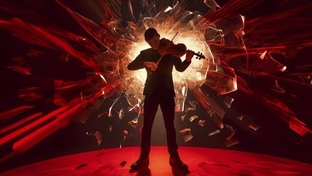 Passionate performance of a man playing the violin amidst intense red lighting
