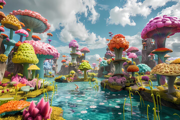 VR Wonderland. An imaginary scene, a surreal and fantastical VR world filled with vibrant colors, floating islands, and bizarre creatures.