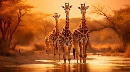 Vertical landscape with herds of Giraffes and group of antelopes in the natural habitat, view of wildlife in savannah of Africa. Wild African animals on a waterhole in Namibia. - obrazy, fototapety, plakaty