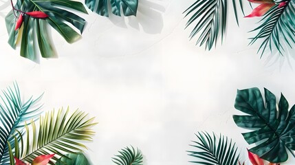 Creative layout made of colorful tropical leaves on white background. Minimal summer exotic concept with copy space. Border arrangement.