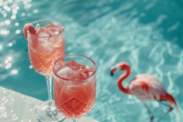 pink cocktails by poolside with flamingo bird in the water, refreshing summer drinks 