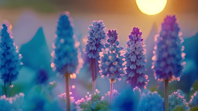 Large flower bed with multi-colored hyacinths, traditional Easter flowers, flower background, easter spring background. Close up macro photo, selective focus. Pink,purple blue flowers in spring 4k