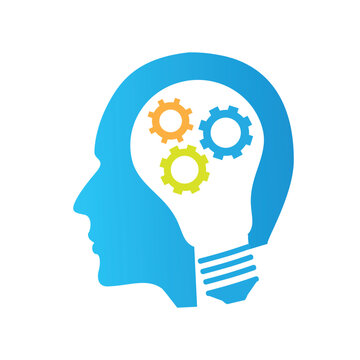 this logo on a white background depicts a blue human head and lightbulb with three cogs that can be used for psychology related purposes
