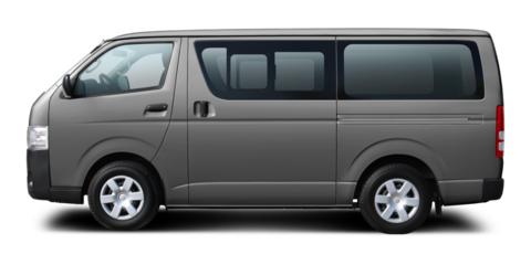 Japanese modern gray passenger minibus. Side view, isolated on white background.
