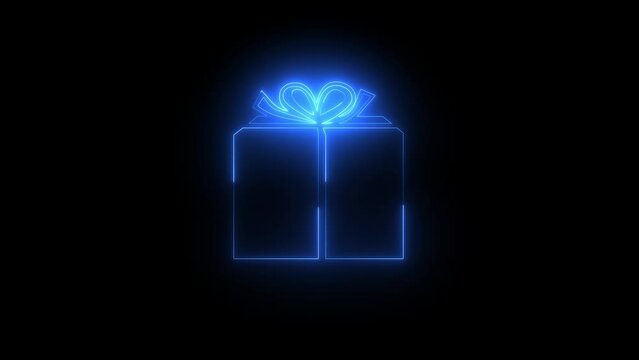 Neon glowing blue gift box icon animation in black background