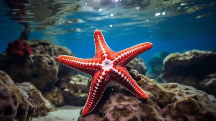 White and red starfish on coral reef underwater