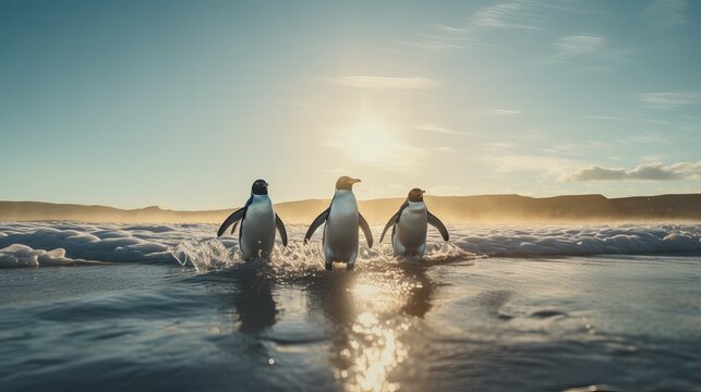 Wildlife scene from wild nature. Group of King penguins, Aptenodytes patagonicus, going from white sand in to the sea, artic animals in the nature habitat, dark blue sky, Falkland Islands