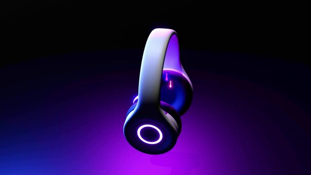 Headphones animation footage colorful music notes seamless loop background. Neon lights headphones audio with music notes animation. 4K. Template for music video clip or music compositions