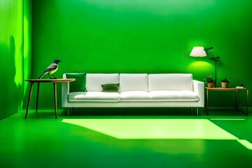 Futuristic Imagination of Eco Friendly home with modern interior design in green and white colour minimal living room interior decor with a TV cabinet. 3d rendering. 