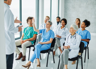 seminar nurse meeting doctor conference audience presentation education lecture hospital woman...