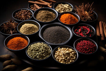 Culinary Treasures: Small Wooden Bowls Brimming with a Selection of Dried Spices, Ready to Elevate Your Cooking Experience.