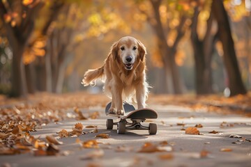 A Futuristic Skateboard Ride Golden Retriever in the Fall Leaves