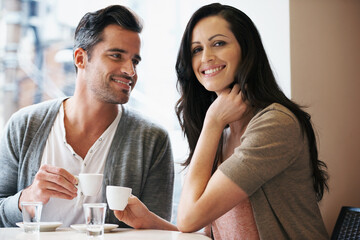 Love, portrait and couple with coffee on date for romance or anniversary in cafeteria. Happy,...
