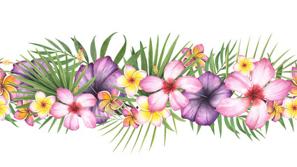 Seamless border garland tropic plant palm, hibiscus. plumeria flower isolated white background. Watercolor hand drawn botanical illustration. Art for design banner, beauty, relaxation, template, spa © AnikaKorr