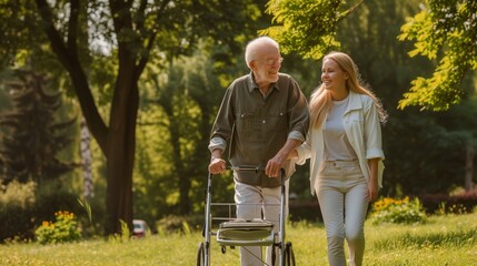 Assisted Mobility: A caregiver walking with an elderly man using a walker in a park, showcasing support, aging, and mobility assistance.