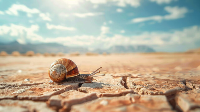 A snail is crawling on the dry ground.