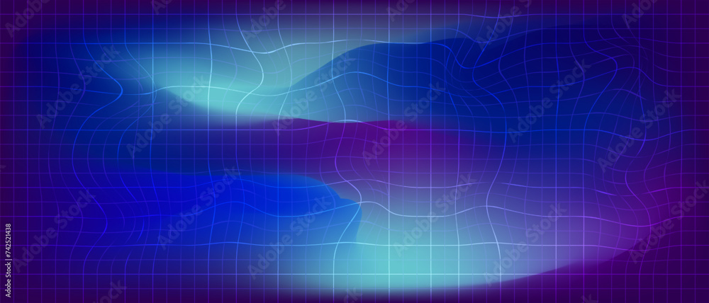 Poster blue gradient background with distorted wavy checkered pattern. horizontal abstract blurred gradient