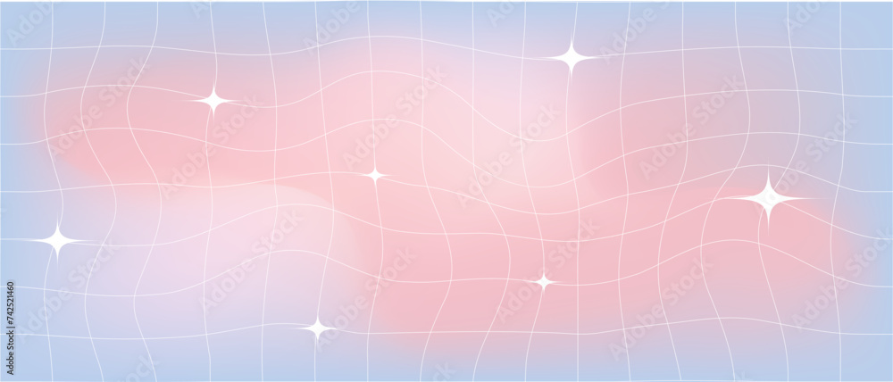Poster pink blue gradient blurred checkered background with stars. groovy retro checkered wavy background 9