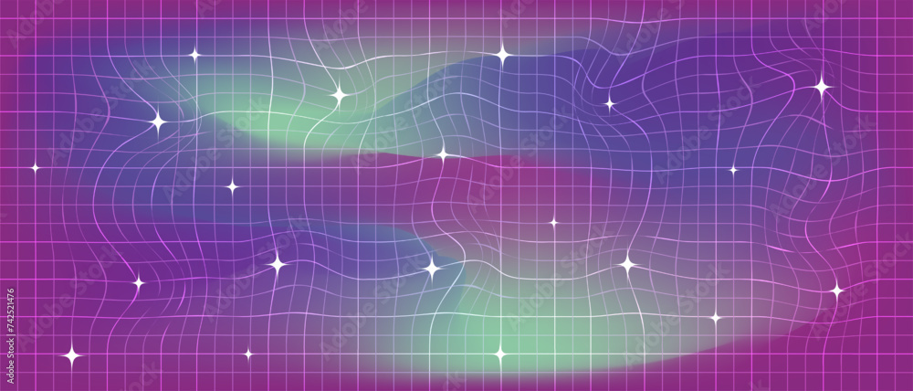 Poster gradient background with wavy checkered pattern with stars. groovy retro abstract blurred gradient m