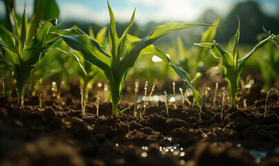 Nature's Promise Unfolds: Witness the Beauty of Small Corn Plants Gently Growing, Embracing the Sun's Warmth and Earth's Nourishment - obrazy, fototapety, plakaty