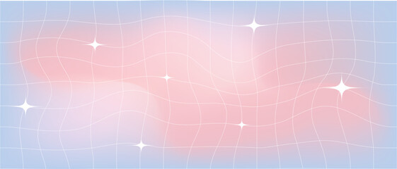 Pink blue gradient blurred checkered background with stars. Groovy retro checkered wavy background 90s 2000s. Horizontal abstract blurred gradient mesh template. Vector illustration.