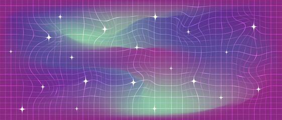 Gradient background with wavy checkered pattern with stars. Groovy retro abstract blurred gradient mesh background 90s 2000s. Purple lilac green blue neon colors. Vector illustration.