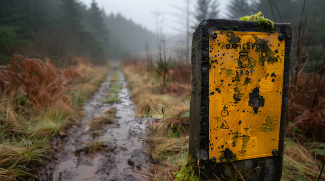 A trail marker, with misty forests as the background, during a mysterious foggy day