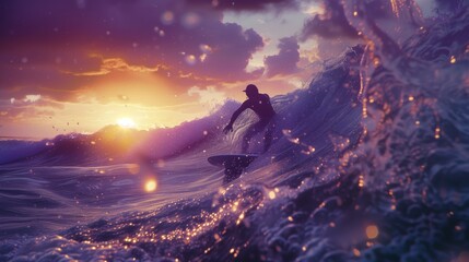Fototapeta na wymiar Dynamic Surfing Action at Sunset, Adrenaline and Adventure Ocean Sport Concept