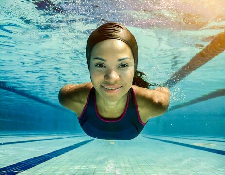 Female woman smiling swimmer at the swimming pool water in underwater picture