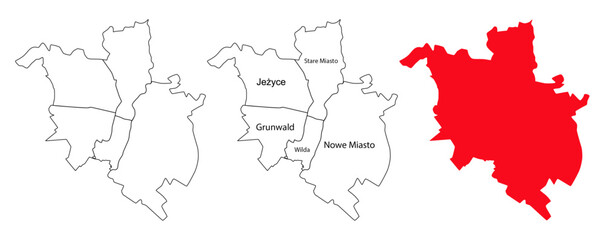 Map of Poznan and its districts. Vector silhouette of the city of Poznan