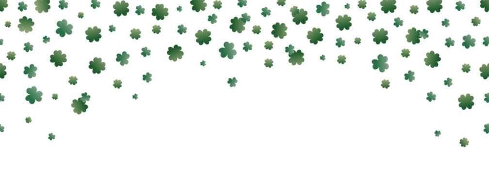 Saint Patrick's Day Border.Green flying clover leaves isolated on transparent background.Lucky floral gradient green background for Irish beer festival.Vector clovers falling.Vector illustration EPS10